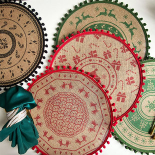 Jute placemat Christmas woven table mat ins printed fur ball insulation mat vintage napkin cotton linen decorative mat