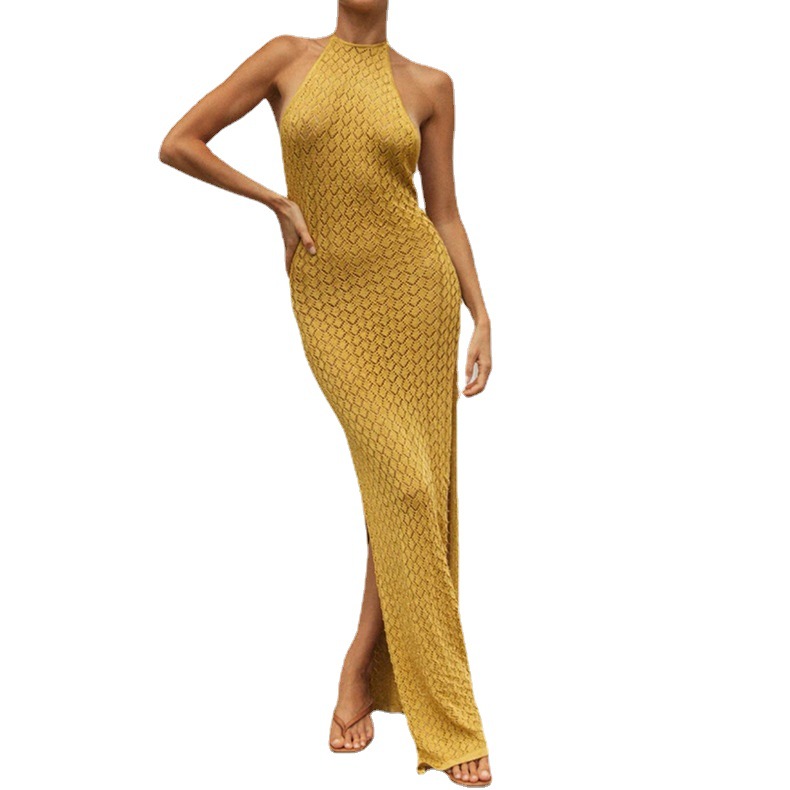 European and American ins Women's Sleeveless Elegant Split Dress Summer Knitted Hollow Strap Sexy Backless Shoulder Long Dress