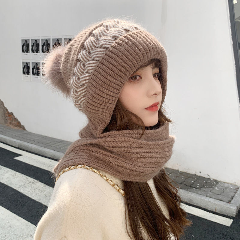 韩版围巾一体围脖帽女韩版冬季保暖 毛线帽骑车护耳加绒针织帽