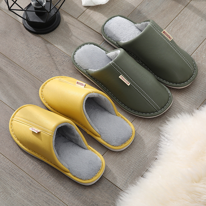 Winter leather cotton slippers women's waterproof non-slip adult home warm indoor winter PU leather slippers men's lovers