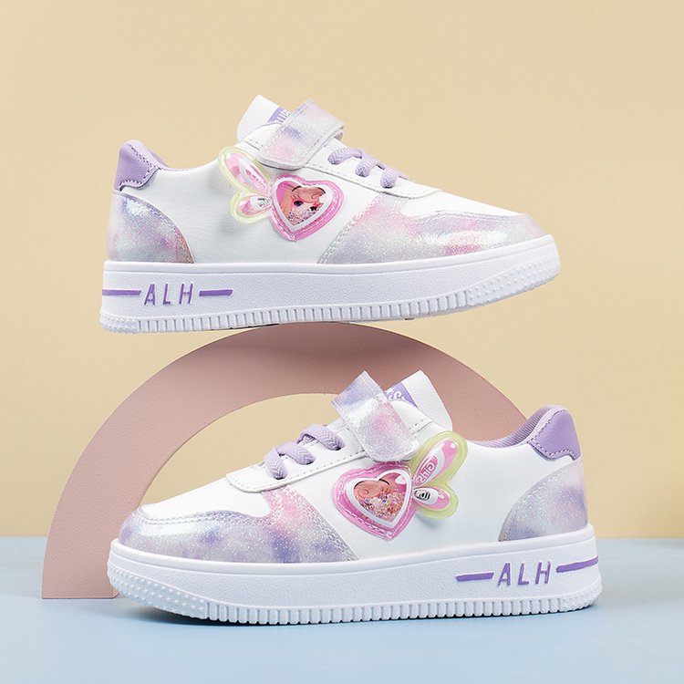 Girls' Spring and Autumn 2023 new full leather cartoon wings injection white shoes casual shoes medium and large children's board shoes