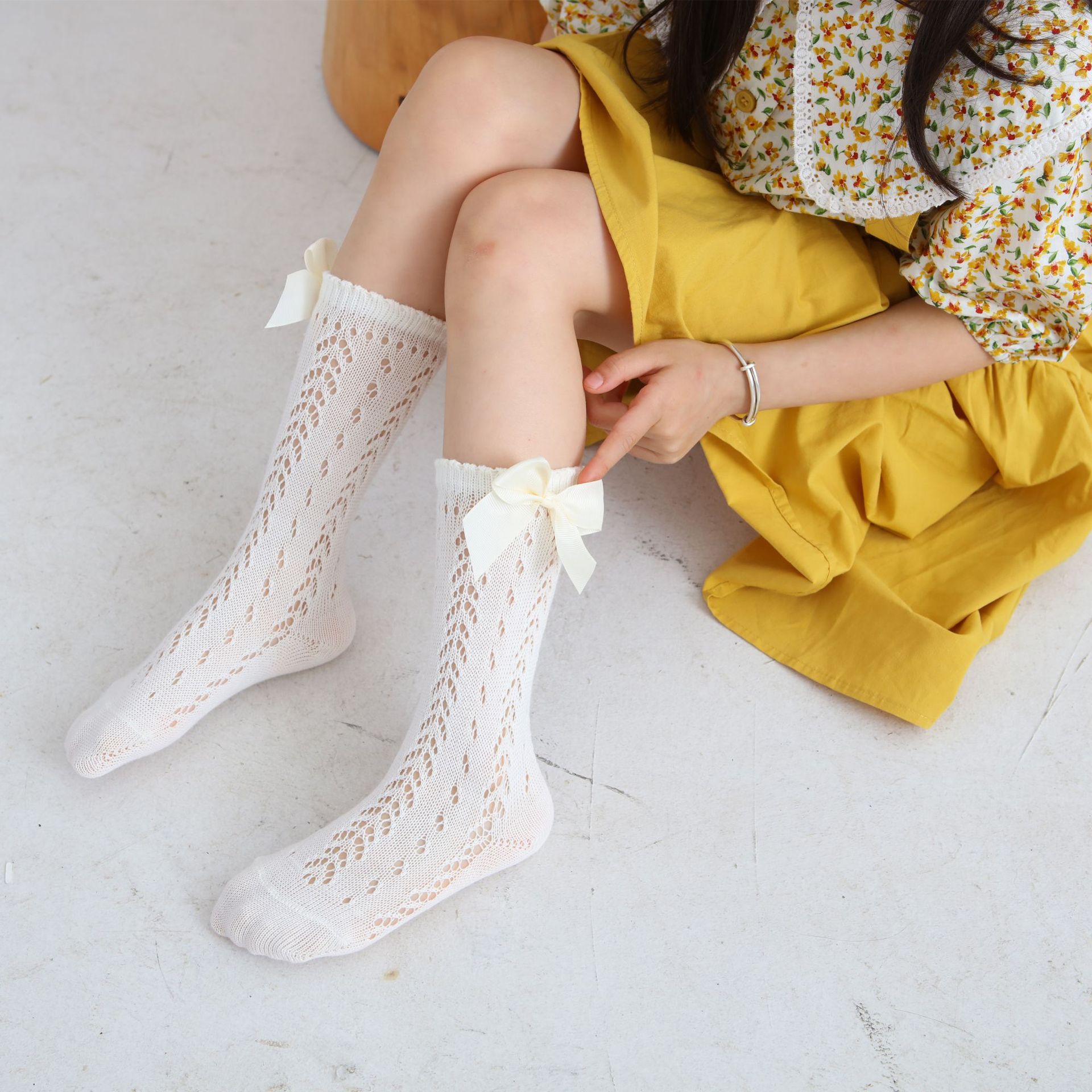Circles Baby Mesh Newborn Korean Baby Bow Hollow Long Tube Spot Children's Socks Dance Children's Socks