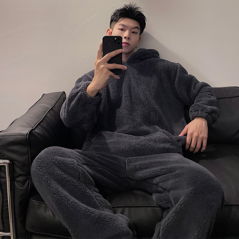 Autumn and Winter new pajamas men's thickened flannel hooded pullover solid color casual warm simple coral fleece home wear