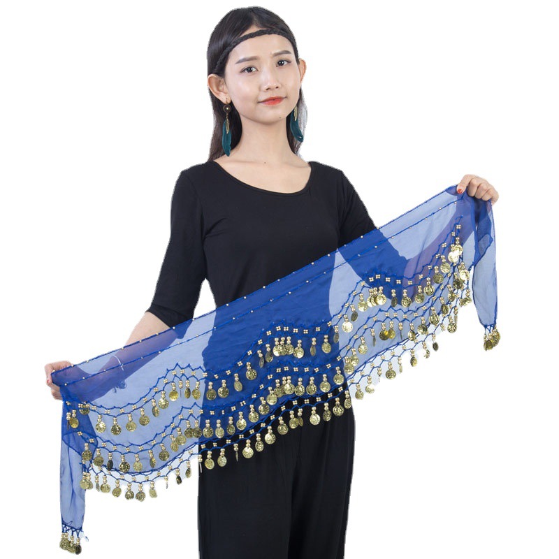 Spot wholesale 128 gold coin belly dance waist chain Indian dance three-layer chiffon accessories belt hip towel generation hair women
