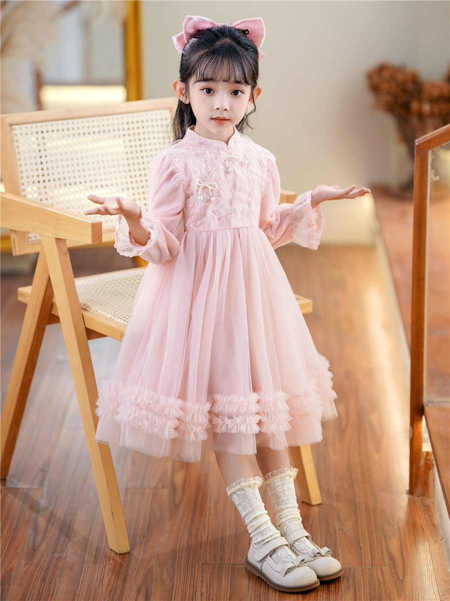 Girls' dress spring new Chinese cheongsam stand collar children's dress Princess dress little girl Western style mesh skirt