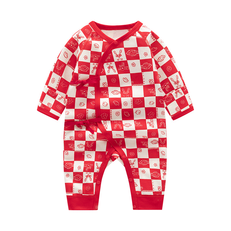 Newborn autumn children's clothing new Class a baby clothes pure cotton boneless lace-up jumpsuit Spring and Autumn long romper