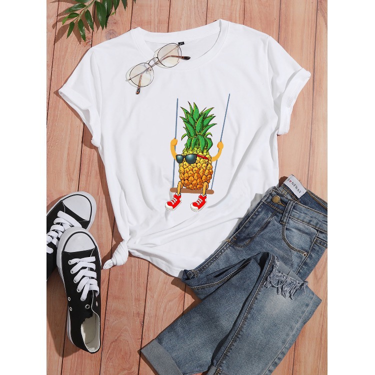 European and American cross-border creative cartoon pineapple letter print casual short-sleeved T-shirt for women