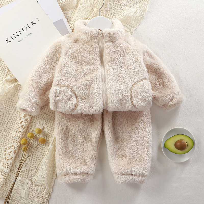 Children's Suit Autumn and Winter Boys and Girls Plush Warm Clothes Baby Solid Color Fashion Home Clothes Zipper Two-piece Set