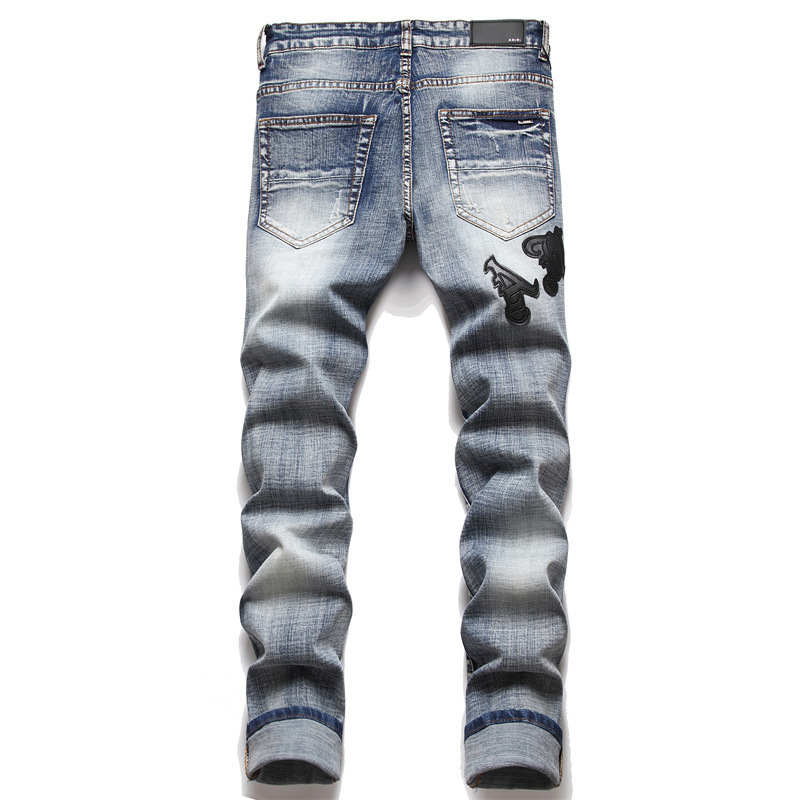 AM Foreign Trade Style Punk Vintage Blue Ripped Slim-fit Stretch Printed and Dyed Skinny Men's Jeans