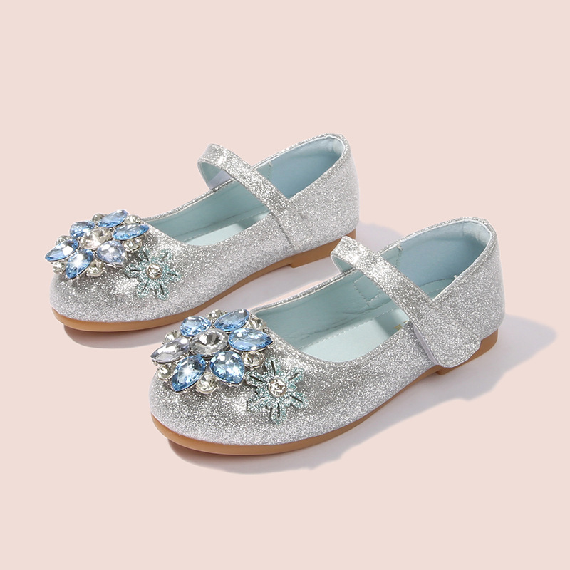 Girls Princess Shoes Spring and Autumn New Aisha Silver Crystal Shoes Little Girls Flat Shoes Soft Sole Shoes Children's Performance