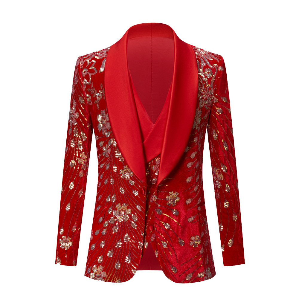 European and American size men's red sequined suit vest two-piece set