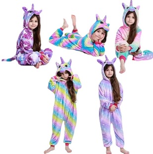 Cross-border exclusive for new flannel cartoon animal conjoined pajamas Xinghe bright purple Starry Sky Tianma lovers home clothes