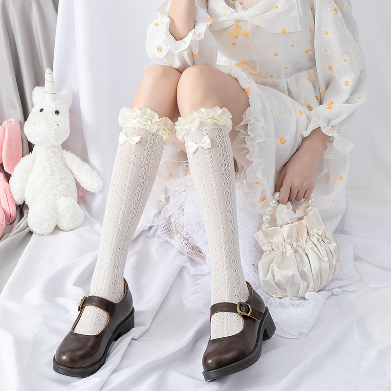 Bow White Lace Mid-Tube Knee-High Pile Socks Women_voghion.com