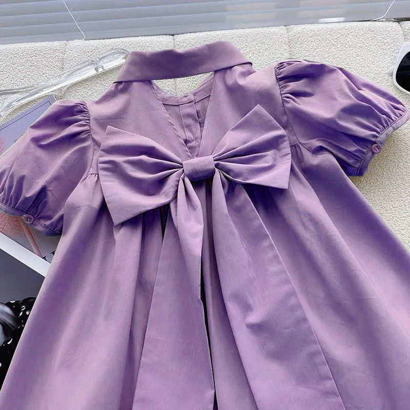 Girls' Dress Puff Sleeve Summer Western Style 2023 New Style Children's Design Sense polo Collar Casual Skirt