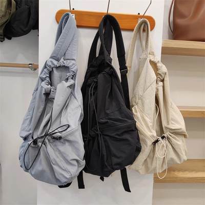 Japanese and Korean drawstring back shoulder bag Harajuku style large capacity student schoolbag casual versatile pleated nylon canvas backpack