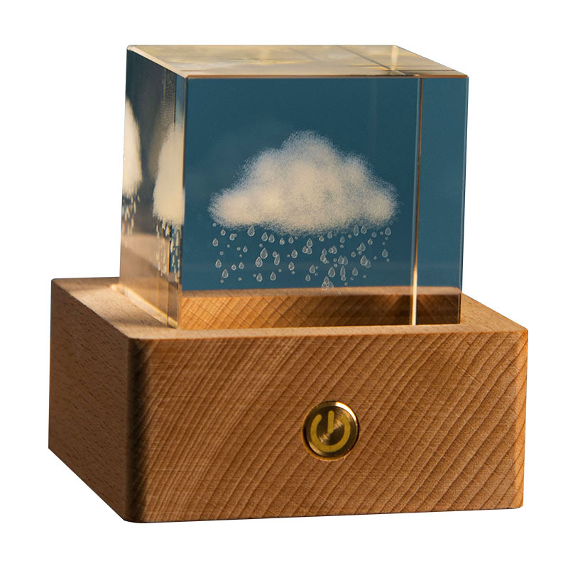 Clouds and Rain 3D Inner Carving Cubic Crystal Ball Luminous Night Light Creative Decorative Wooden Base Desktop Ornaments Cross Border