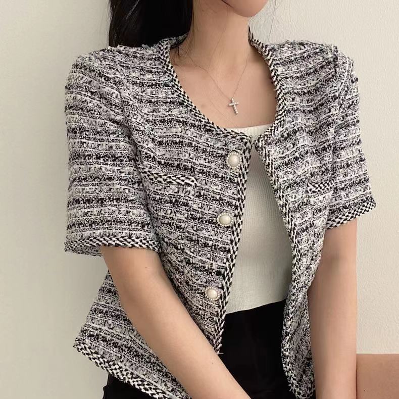 Koreanesche Chic Summer Einfach Elegant Ronn Ausschnëtt Locker Kant Perl Eenzelknäppt Duebeltasch Tweed Kuerzmantel_voghion.com