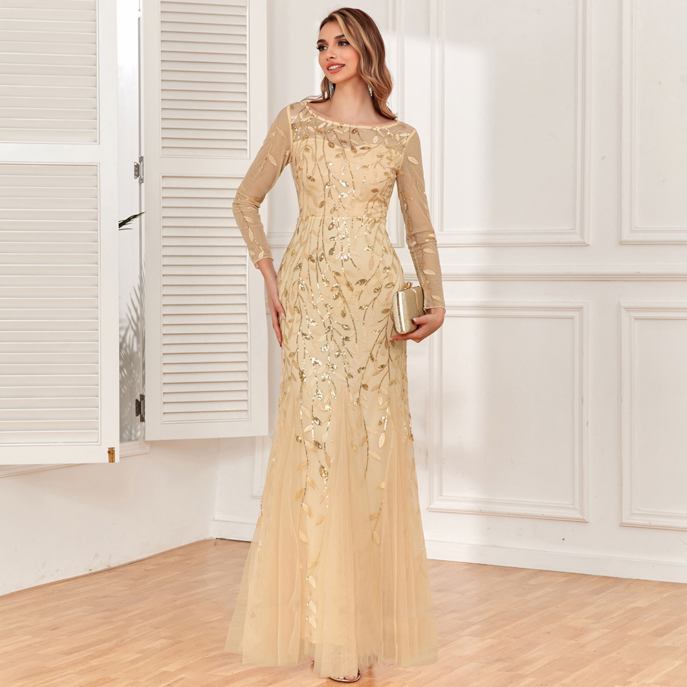 2024 Europe and the United States cross-border hot long sleeve round neck back zipper fishtail skirt banquet evening dress women in stock
