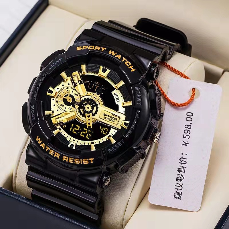 Factory wholesale trendy black gold men's electronic watch fashion outdoor sports alarm clock dual display pointer watch male students