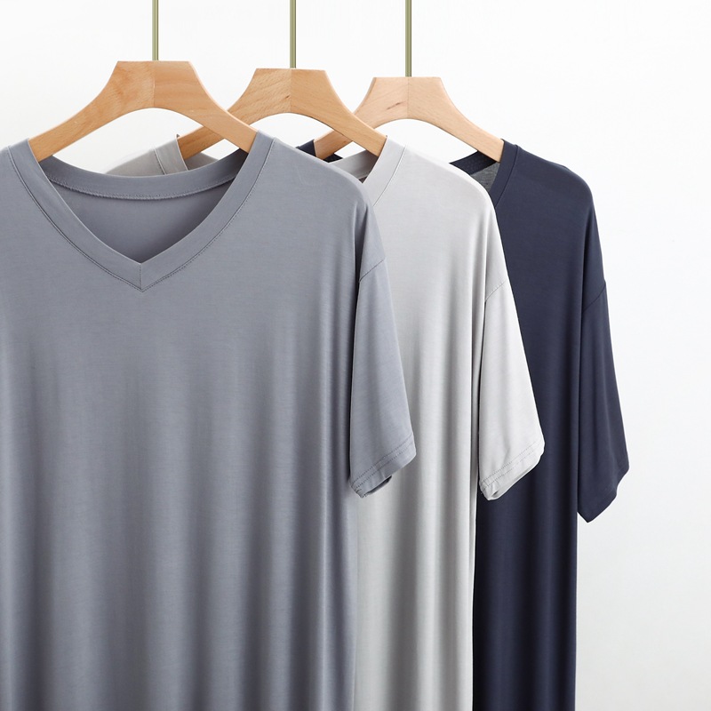 Vasaras jauna modāla vīriešu naktskrekla garas ceļgalu īsas piedurknes V veida kakla izgriezums vidēji garš halāts_voghion.com