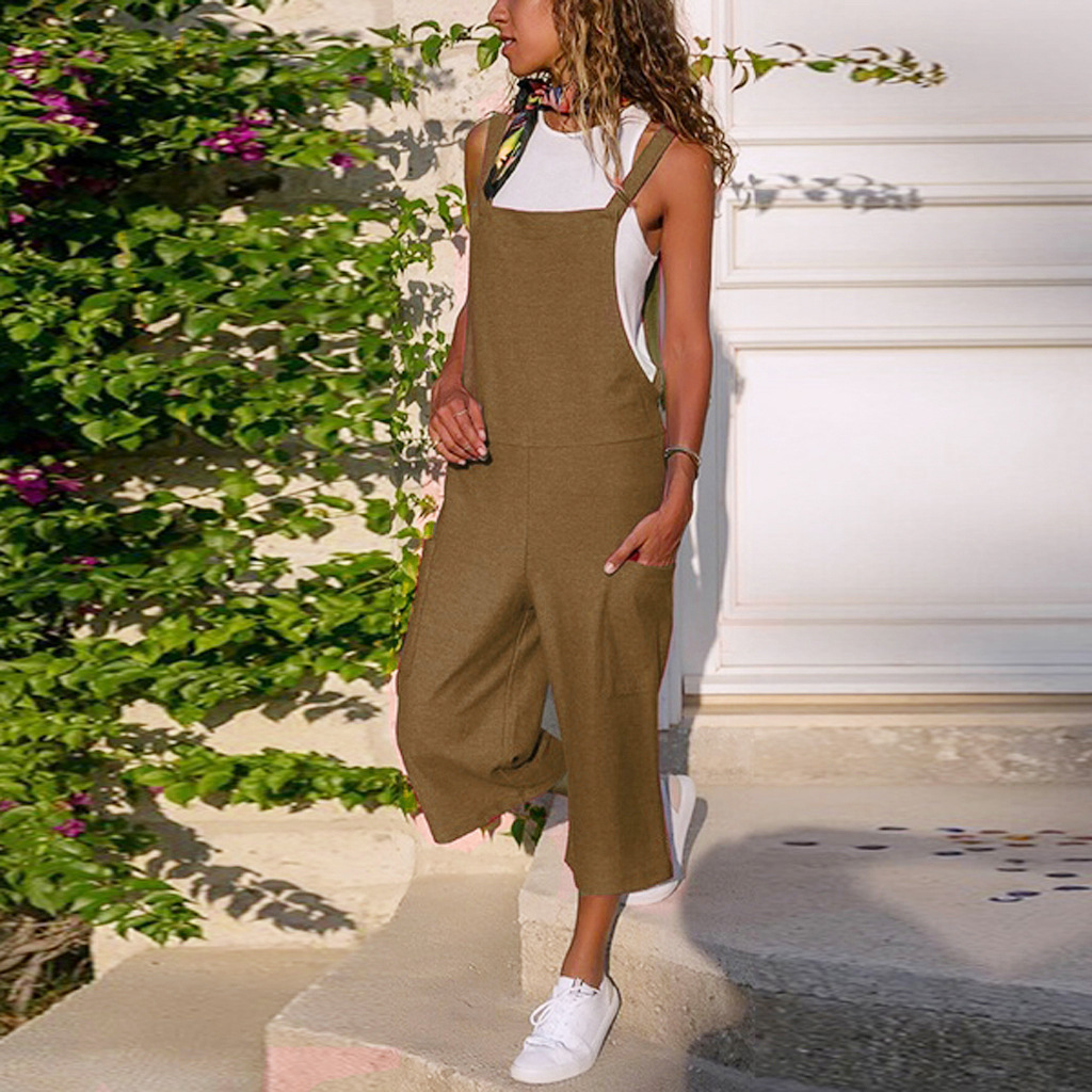 Amazon 2022 Spring and Summer New Color Cotton and Linen Casual Loose Long Wide Leg Jumpsuit Suspenders Women's Pants
