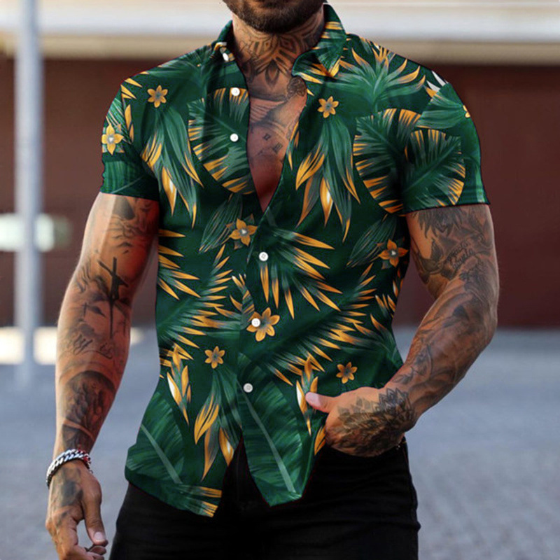 2023 Cross Border New Men's Casual Shirt Amazon Street Trendy Shirt Hawaii Beach Short Sleeve Shirt