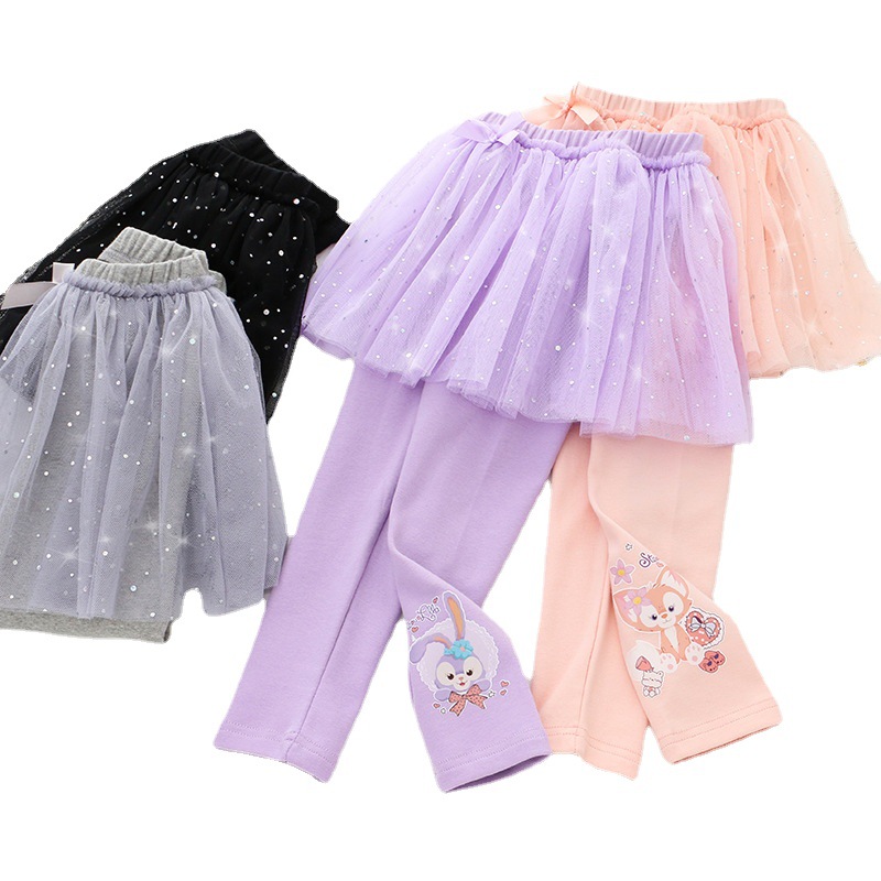 2023 Korean version of children's clothing new autumn girls skirt gauze fake two small and medium-sized children's cartoon printing a generation of hair