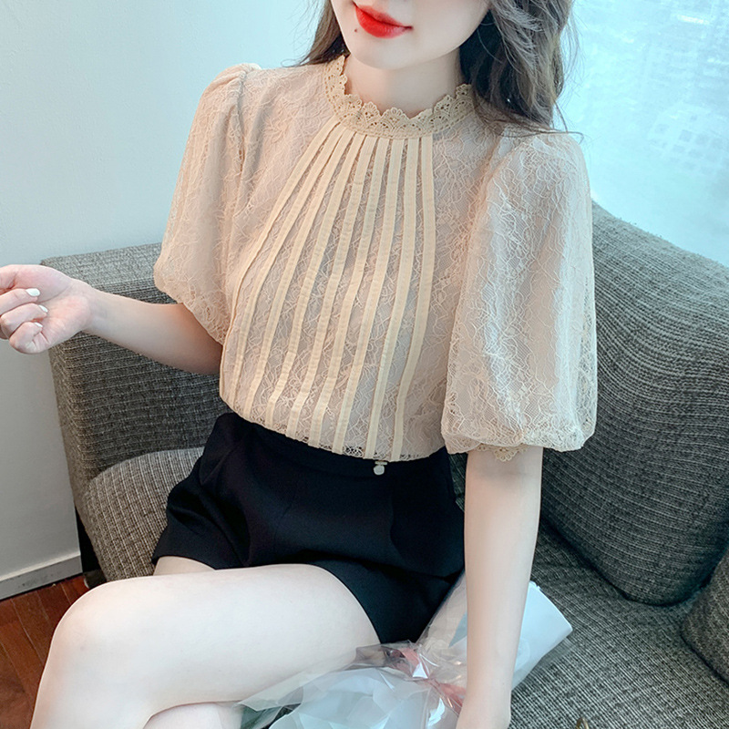 2023 French Retro Lace Crewneck Lace Shirt Half Sleeve Chic Striped Top Salt Sweet Art