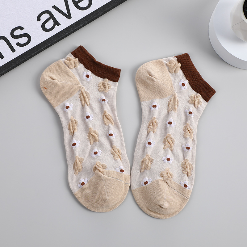 Spring and Summer Thin Short Socks Women's Trendy Retro Anti-Weaving Flower Low-Top Korean Style All-Match Embossed Boat Socks Dark Flower Socks