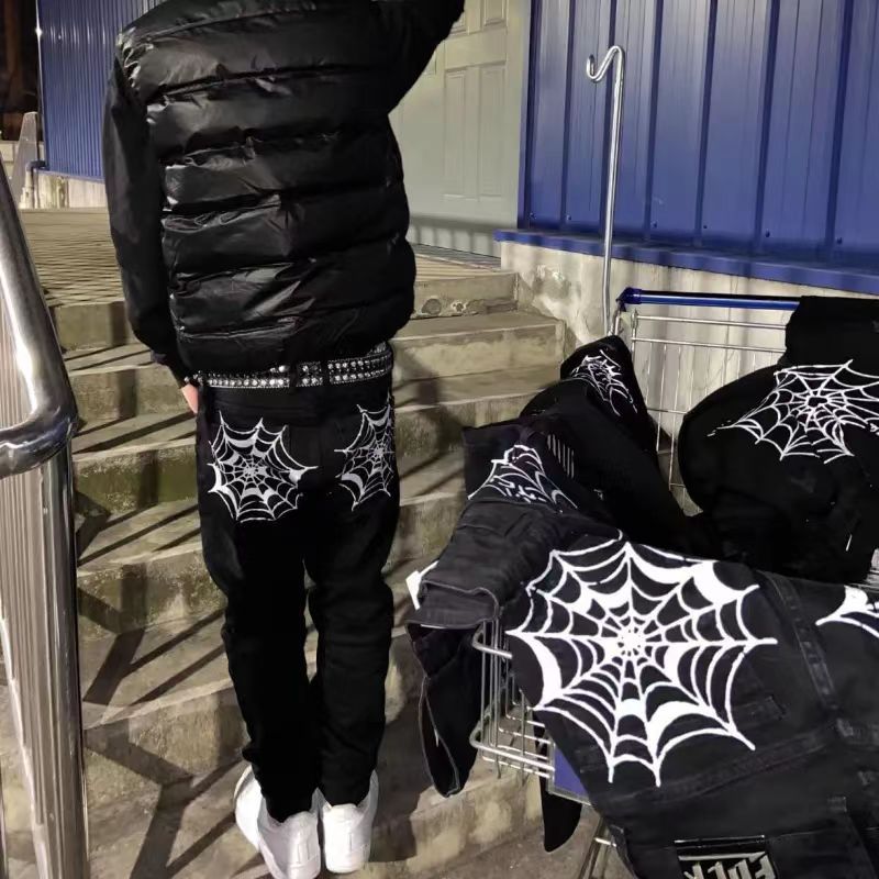 American high street pants trendy men's black autumn and winter new spider web printing design sense niche wide leg jeans