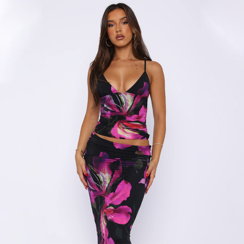 European and American women's 2025 summer new fashion printing sexy V-neck small vest slim skirt suit wholesale