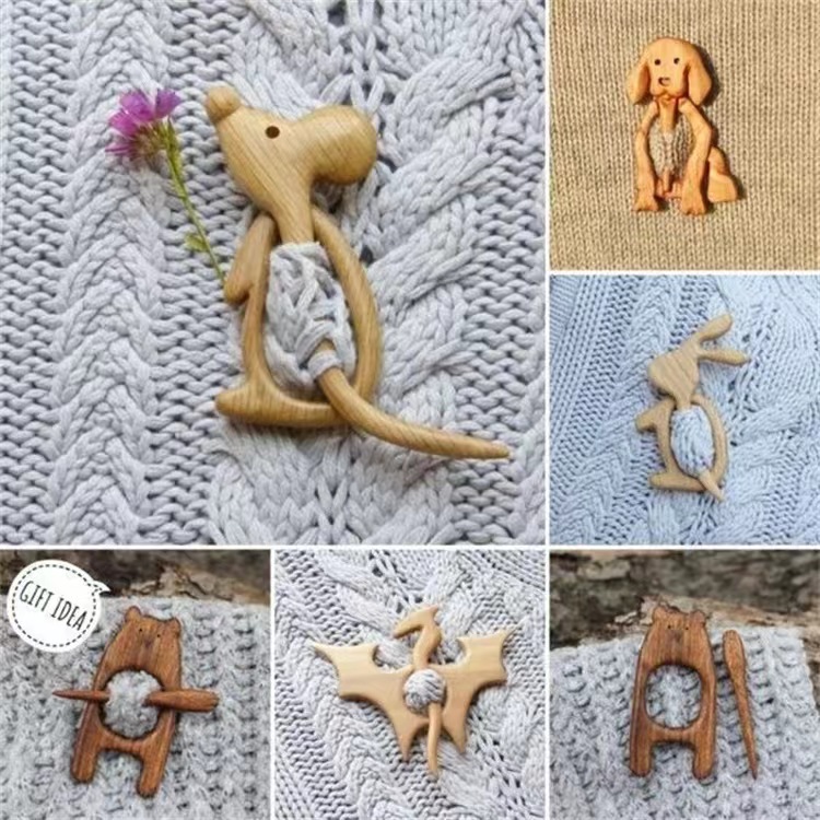 Brooch pin with wooden animal pattern