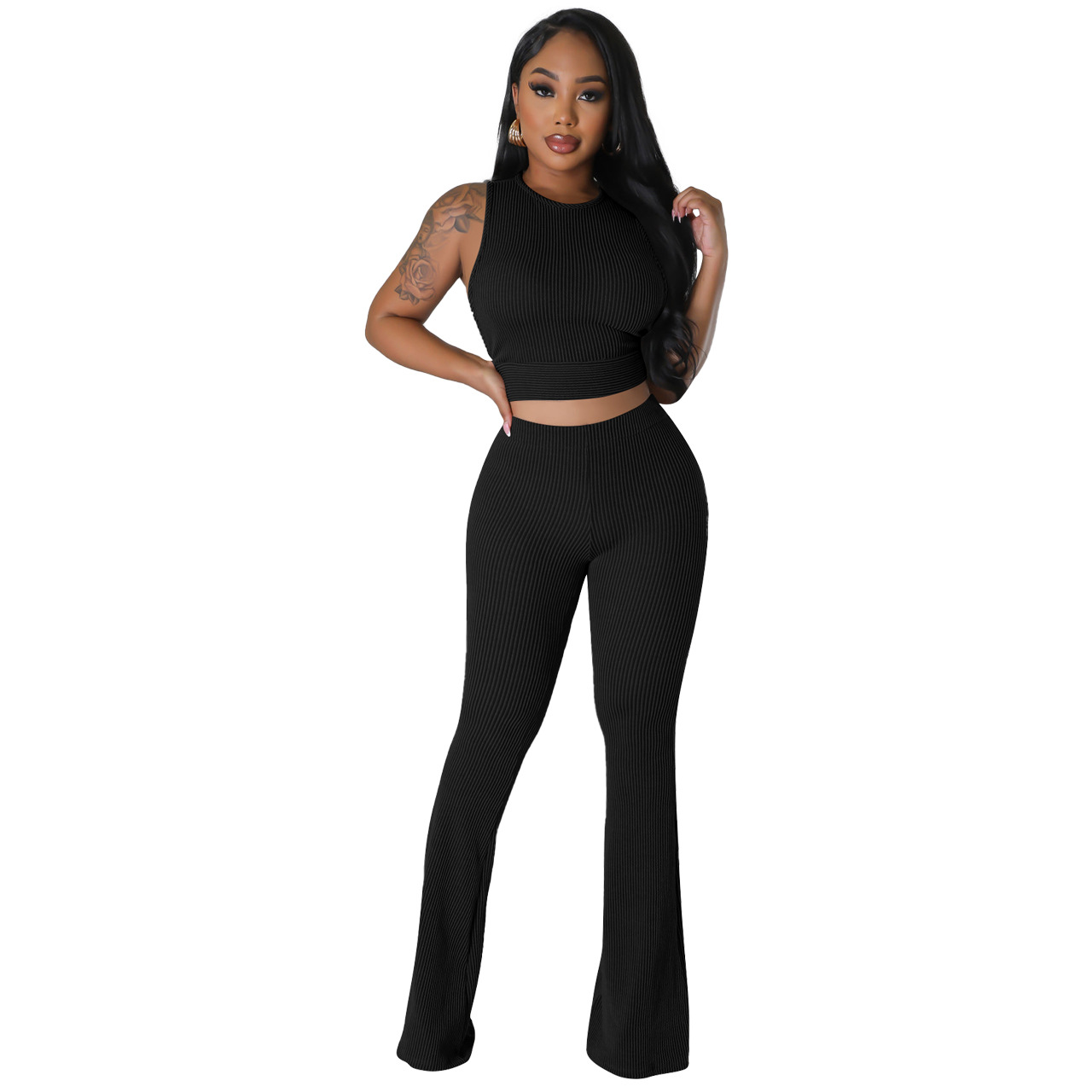 FE276 Special Price No Return No Change European and American Women's Fashion Casual Solid Color Pit Sleeveless Pants Two-piece Set