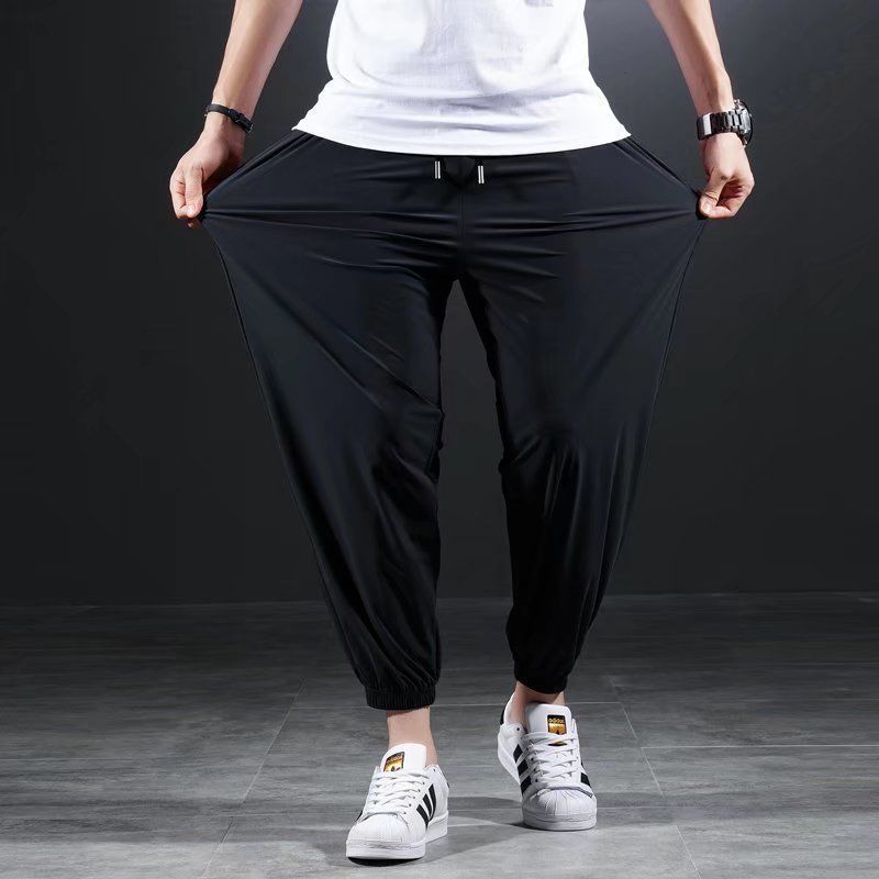 Stretch Casual Pants Ice Silk Quick-drying Men's Summer Thin Sports Pants for Fatty Plus Size Loose Leg Ankle-length Pants