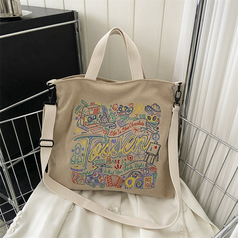 2023 New Fashion large capacity corduroy shoulder bag embroidered portable tote women's bag student crossbody shopping bag