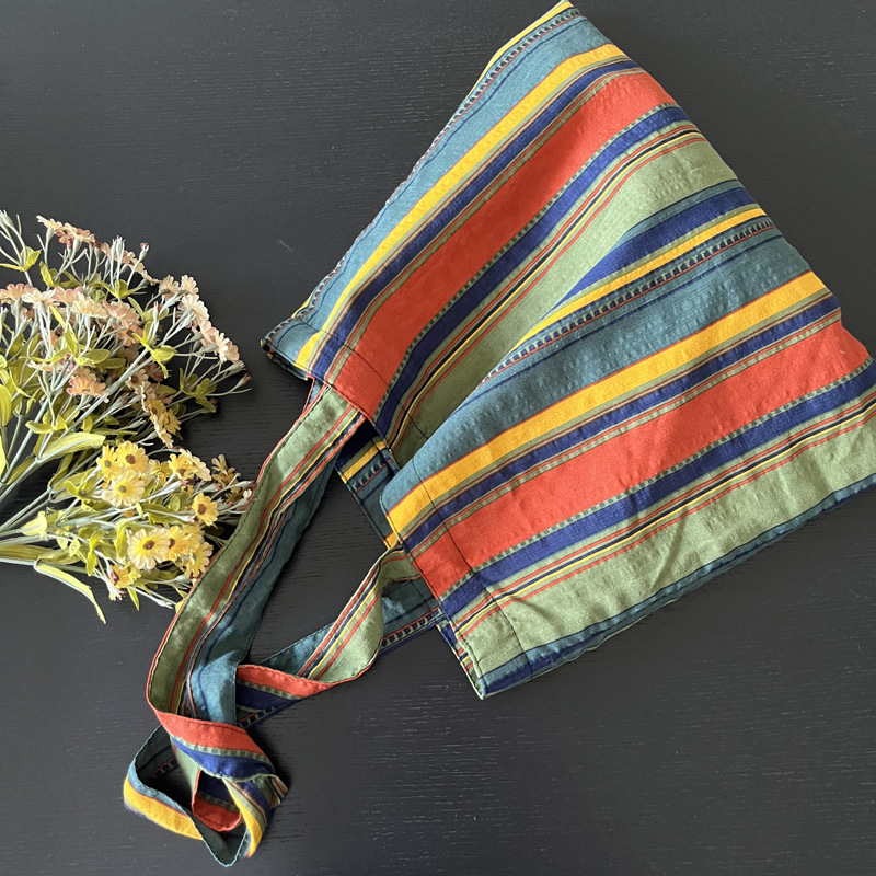 Niche ins Vintage Contrast Color Rainbow Stripe Shoulder Bag Thin Lazy Cotton Linen All-match Large Capacity Canvas Women's Bag
