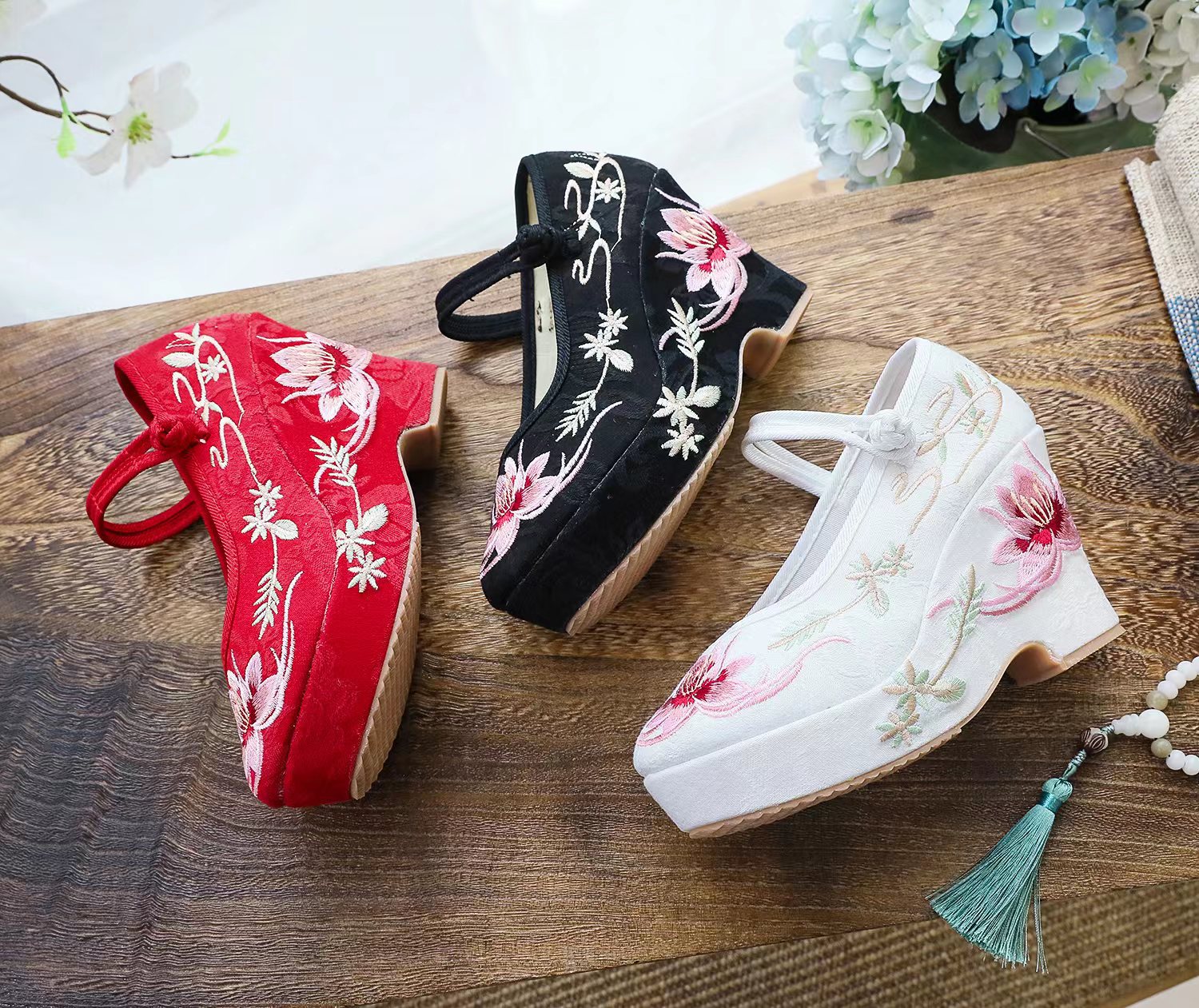 Ailian Hanfu Shoes Women's Antique High-heeled Ethnic Embroidered Shoes with Beef Sole Height 9cm Thick-soled Beijing Cloth Shoes