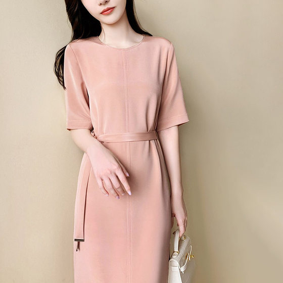 French style half-length dress 2023 Summer new design sense niche fashion light mature style solid color round neck midi dress