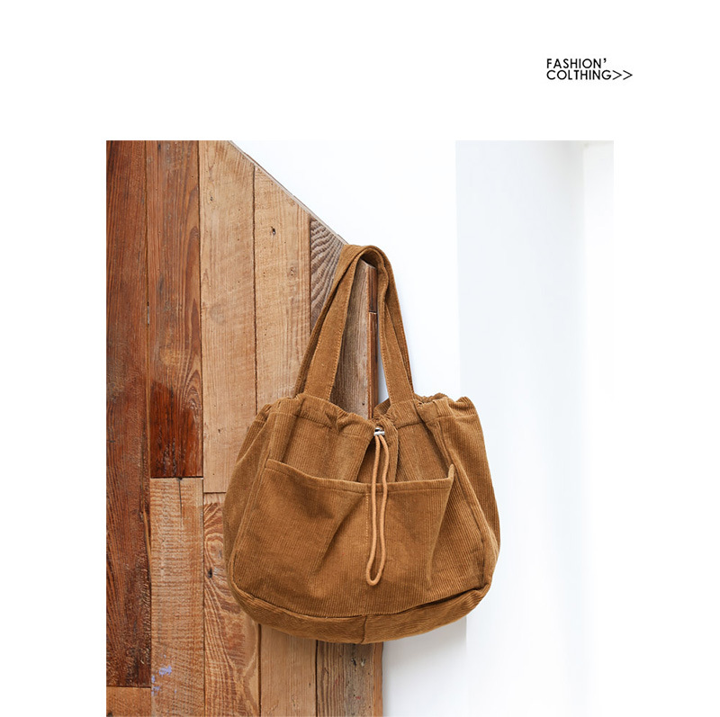 Japanese Style Vintage Corduroy Handbag ins Canvas Large Capacity Underarm Bag Internet Popular Fashionable Drawstring Shoulder Bag for Women_voghion.com
