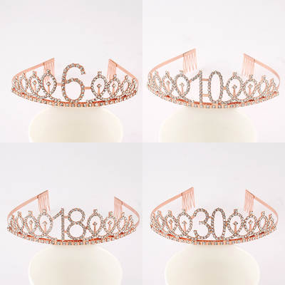 European and American Digital Birthday Crown Headband Cake Party Meeting Rhinestone Hair Accessories One Year Digital Birthday Hat Alloy Hairband