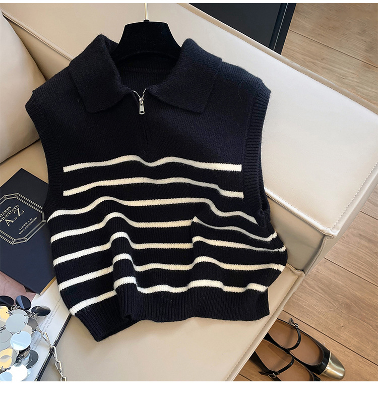 Koreanischen stil retro revers reißverschluss gestreiften gestrickte weste pullover frauen herbst und winter innen tragen äußere tragen temperament weste frauen_voghion.com
