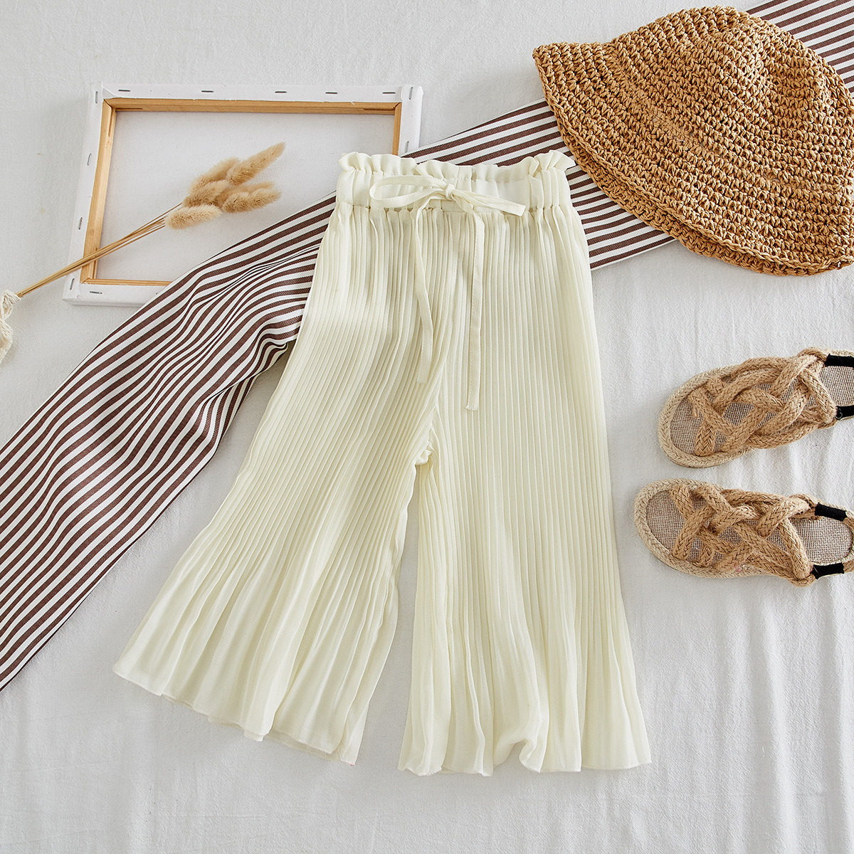 2020 Girls' Korean Fashion Summer Two-Piece Chiffon Stylish Laminated Fungus Strap Top + Wide Leg Pants