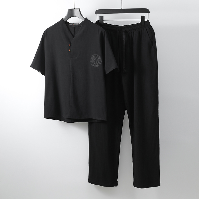 Cotton and Linen Suit Men's Summer V-collar Brand Two-piece Set Chinese Style Large Size Clothes Casual Men's Linen Short-sleeved T-shirt