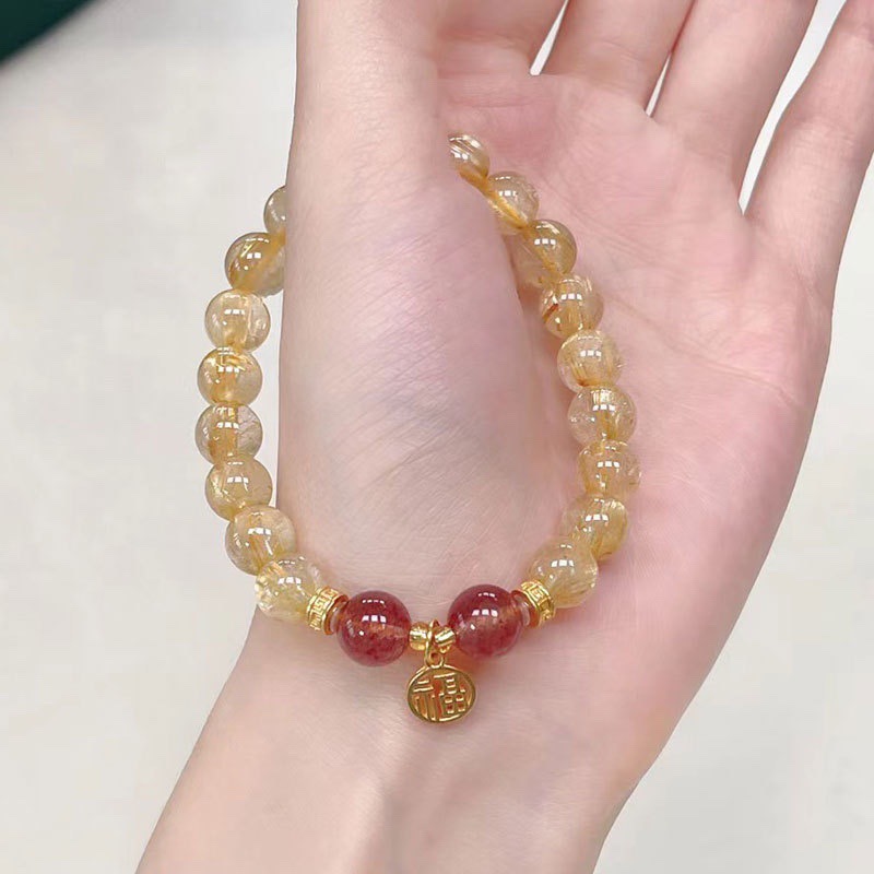 仿金髮晶黃水晶手鍊女款黃阿塞招財轉運手串女小眾設計草莓晶手飾