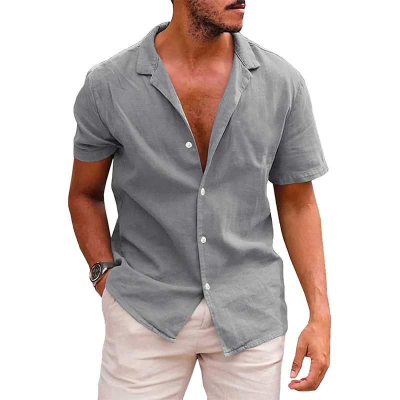 Amazon ebay hot summer lapel solid color short sleeve shirt button men's cotton and linen shirt men's clothing