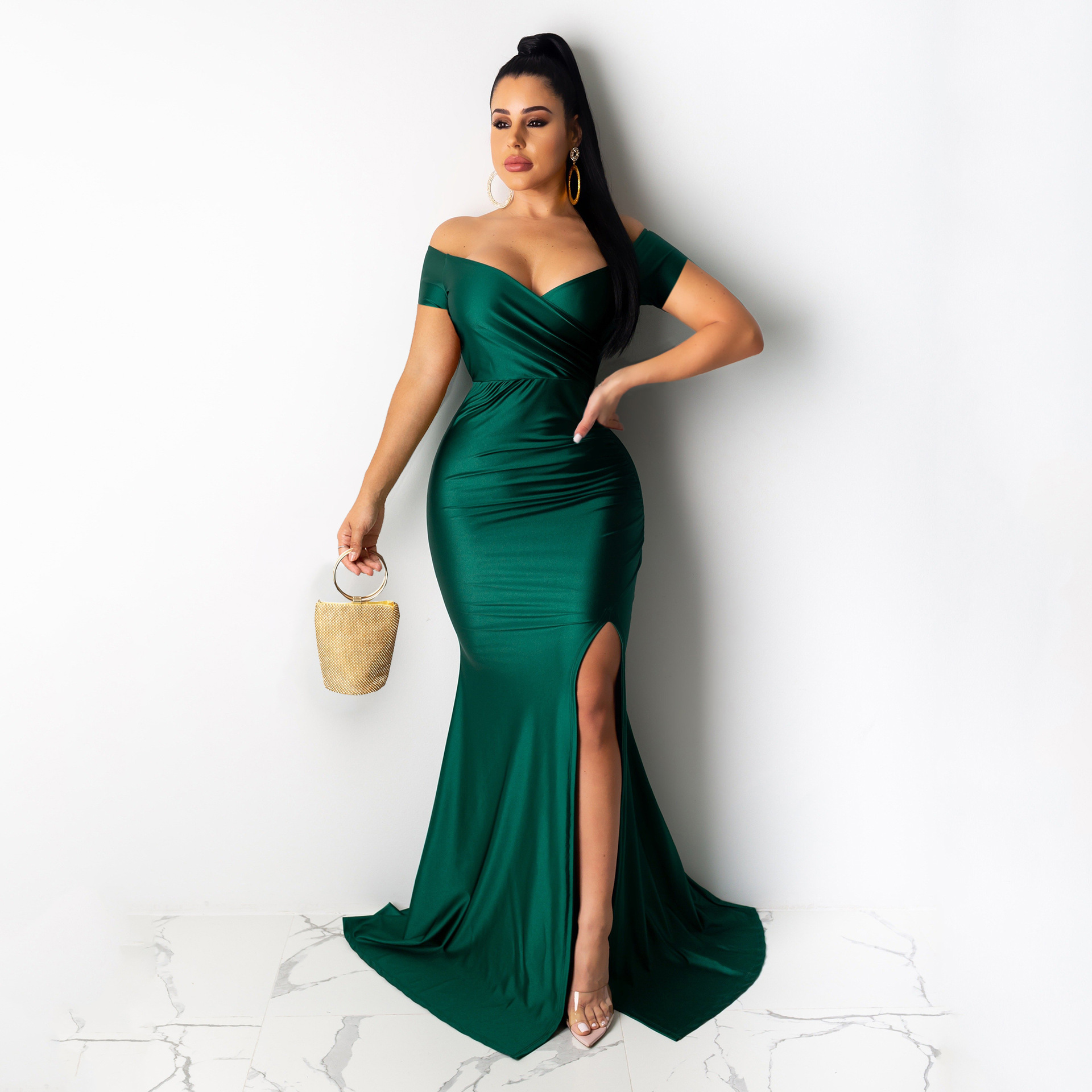 AL243 Cross-border European and American Women's Sexy Dress Nightclub V-neck Dress Solid Color Large Split Long Dress Spring and Summer Short Sleeve