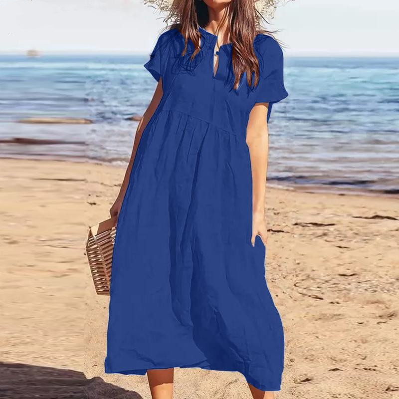 2024 Summer European and American TEMU New Solid Color V-neck Short Sleeve Loose Casual Long Women's Cotton Linen dress