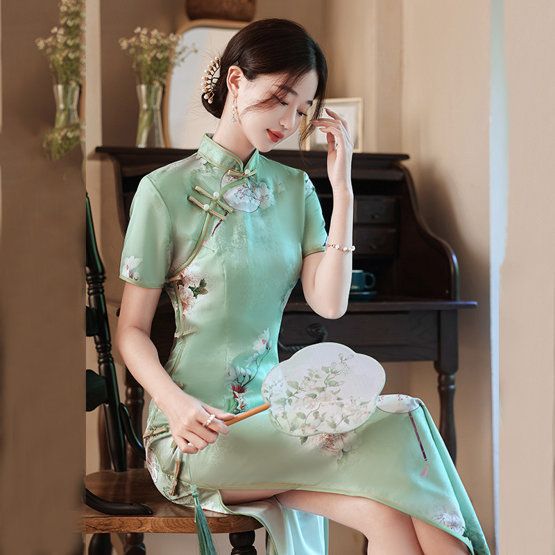 雙層八扣長款改良旗袍2024新款女中式復古走秀款演出服裝一件代發
