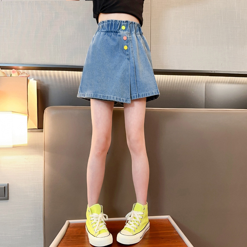  summer girls new color button denim culottes medium and large children Korean version high waist slim shorts physical wholesale