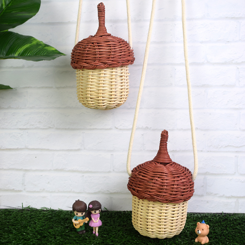 Southeast Asian Style Mini Small Satchel Pine Cone Shape Vintage with Lid Crossbody Rattan Woven Small Sling Basket